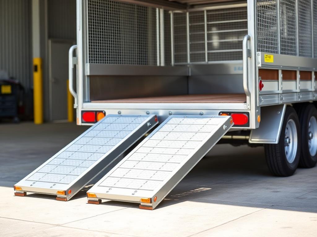 Aluminium loading ramps attached to a galvanised cage trailer