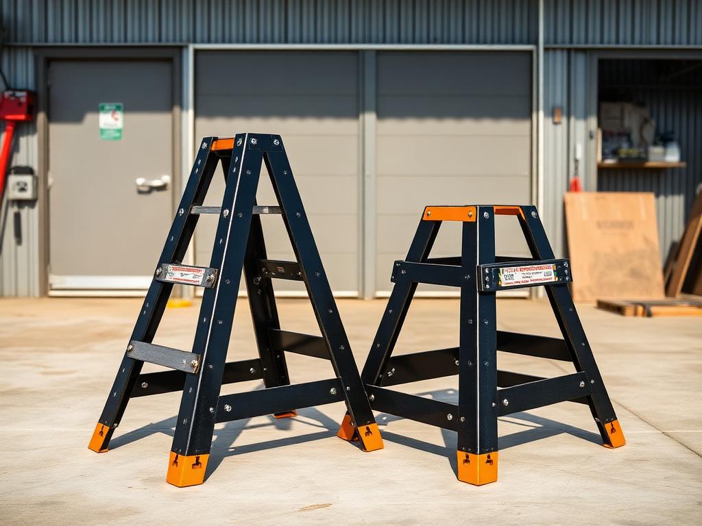 Heavy-duty steel trestles on a concrete workshop floor