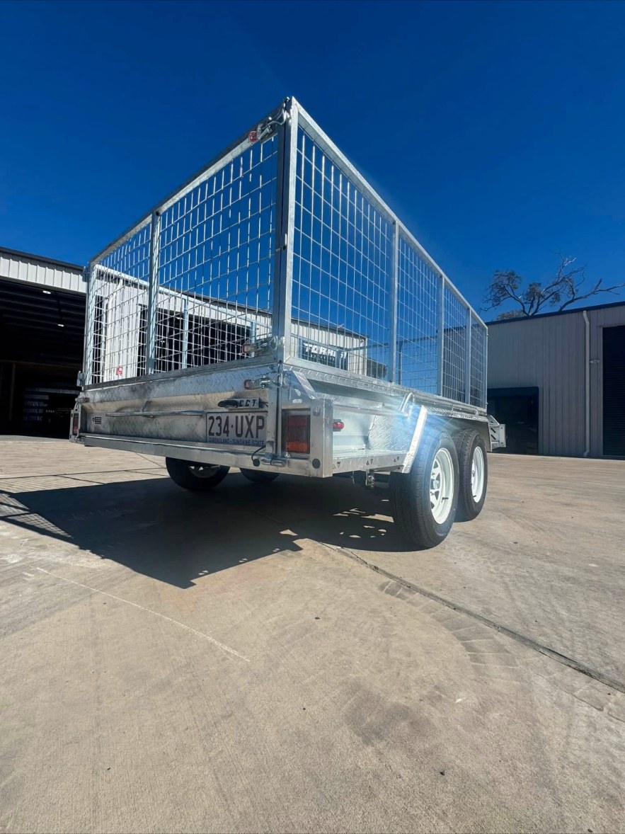 Rear view of a galvanised cage trailer
